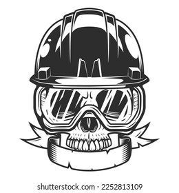 New construction and remodeling business house builder half skull in hard hat with ribbon and safety glasses vintage style illustration