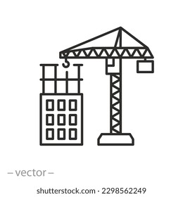 new construction site icon, building crane in residential area, thin line symbol - editable stroke vector illustration