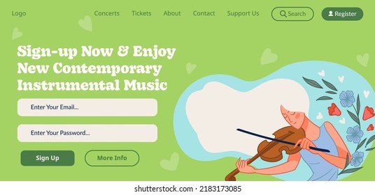 New contemporary instrumental music, sign up now and listen to worldwide symphonies, melodies and songs. Violin player performance. Website landing page template, internet site. Vector in flat style