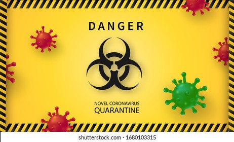 New Coronavirus 2019-nKoV . Covid virus 19-NKP. Background with realistic 3d red viral cells. Symbol of danger. Vector illustration.