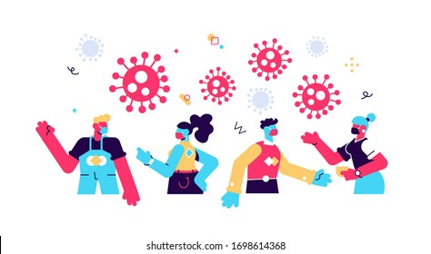 New Coronavirus (2019-nKoV), people in white medical mask communicate through social networks online. Ban on contact, Quarantine coronavirus concept. Vector illustration flat style modern design.