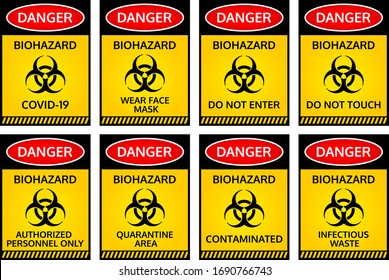 New coronavirus biohazard warning messages. Covid-19, wear face mask, do not enter, do not touch, authorized personnel only, quarantine area, contaminated, infectious waste. Covid-19 outbreak.
