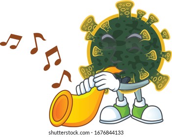New coronavirus cartoon character playing music with a trumpet