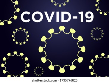 New coronavirus in disposition with the title COVID-19 on a blue background.