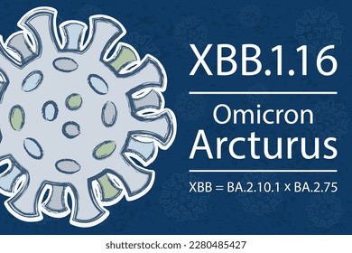 Eine neue Koronavirus-Subvariante XBB.1.16, auch bekannt als "Arcturus", eine Relation der XBB-Variante (rekombinant von BA.2.10.1 und BA.2.75). Weißer Text auf dunkelblauem Hintergrund.