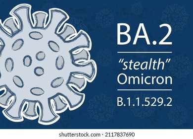 A new coronavirus variant BA.2, sublineage of Omicron. Also known as stealth Omicron. Pango lineage B.1.1.529.2. White text on dark blue background with image of coronavirus.