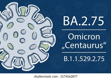 A new coronavirus variant BA.2.75, sublineage of Omicron BA.2. Also known as "Centaurus". Pango lineage B.1.1.529.2.75. White text on dark blue background with image of coronavirus.