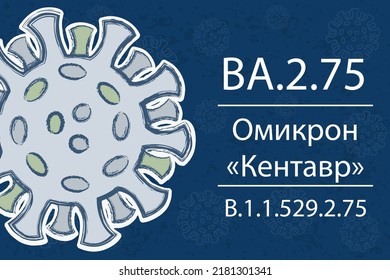 A new coronavirus variant BA.2.75, sublineage of Omicron BA.2. Also known as "Centaurus". Text in Russian. Pango lineage B.1.1.529.2.75. White text on dark blue background with image of coronavirus.