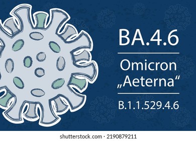 A new coronavirus variant BA.4.6, sublineage of Omicron BA.4. Also known as "Aeterna". Pango lineage B.1.1.529.4.6. White text on dark blue background with image of coronavirus.