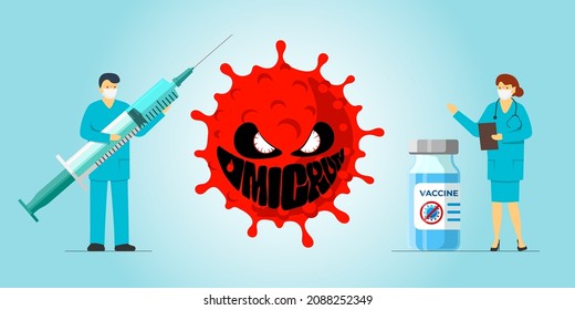 Neue Coronavirus-Variante des COVID-19-Stamm-Omicron und Impfkonzept. Ärztlicher Arzt und Krankenschwester, die in der Nähe eines mutierten Ausbruchs des Corona-Virus stehen. Atemwegsinfektion und Ärzte. EPS