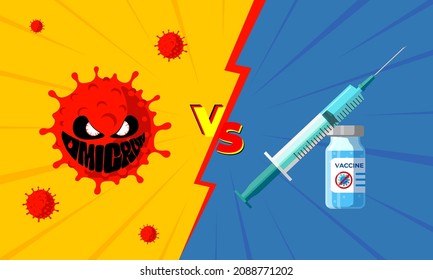 Neue Coronavirus-Variante von COVID-19-Stamm-Omicron versus Impfung. Schlachtung von medizinischen Impfstoffen gegen mutierte Ausbrüche tödliches Koronvirus, das das Atemsystem beeinflusst. Banner-Vektorgrafik