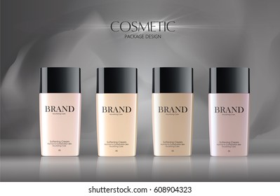 New cosmetic products ads. Design box colorstay makeup, contained in transparent bottle, creamy skin color background, 3d illustration