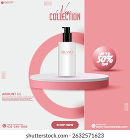 New Cosmetic sale advertisement poster design with a Discount Offer. Pink Product Stand Ad Template. Abstract 3D rendered product advertisement poster design with cylinder podium. 