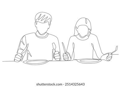New couple eating together. Eating together with their family at the kitchen table concept one-line drawing