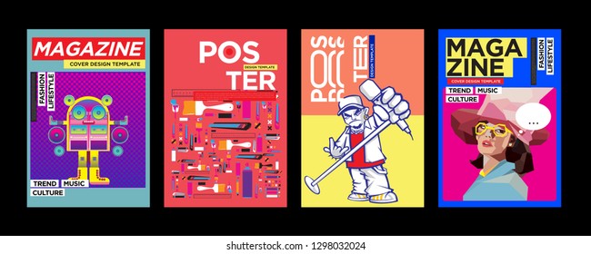 New Cover and Poster Design Template for Magazine. Trendy Vector Typography and Colorful Illustration Collage for Cover and Page Layout Design Template in eps10.