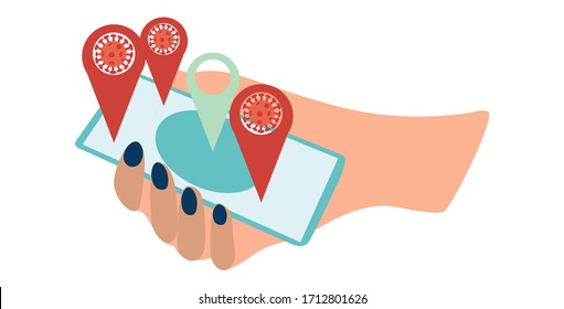 New Covid-19 contact tracing app track user locations and help combat coronavirus.Phone with the coronavirus tracking app installed. App helps people keep tabs on the coronavirus. Medical mobile app.