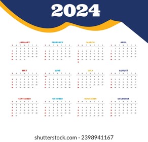 New Creative and Colourful 2024 English vector calendar design 