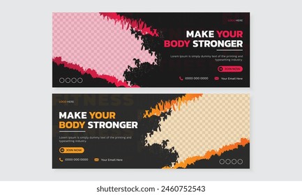 New creative gym fitness training facebook cover web banner design template for social media marketing ads promotion advertising with grunge brush strokes editable layered vector, unique trendy bundle