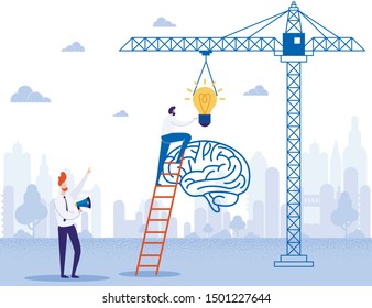 New Creative Idea, Brain Pumping and Training Metaphor. Man Putting Flat Light Bulb with Crane Help at Human Main Intellectual Centre. Cartoon Leader Giving Commands in Megaphone. Vector Illustration