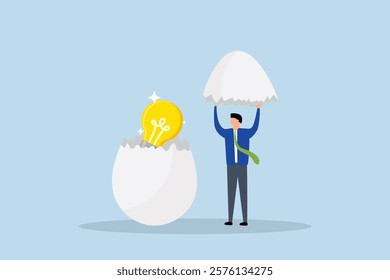 New creative idea, businessman entrepreneur finds incubating egg containing bright idea within. 