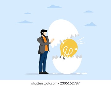 New creative idea, concept of creation or invention, innovation or solution for business, entrepreneurship or startup idea, entrepreneur finding hatching egg with light bulb idea inside