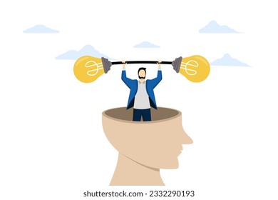 new creative Idea concept, innovation or solution for business. Management idea to develop the organization to grow. Businessman from giant head opening his head with two light bulbs or light bulbs.