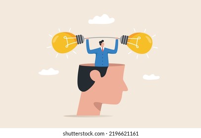 New creative idea, innovation or solution for business. Management of ideas to develop the organization to grow. Businessman from a giant head opens his head in two thought bulbs or light bulbs.