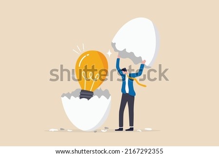 New creative idea, innovation or solution for business, entrepreneurship or startup idea, creation or discovery concept, businessman entrepreneur discover hatching egg with lightbulb idea inside.