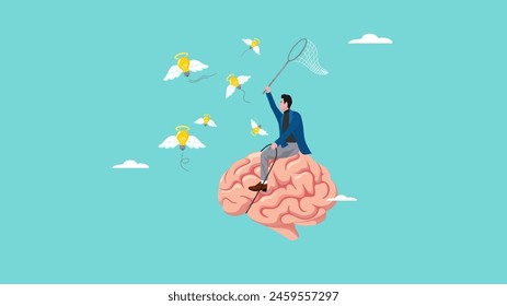 new creative idea searching process, mindset development or learn new skill, contemplation to find solutions or innovations, businessman riding human brain using butterfly net to catch light bulb idea