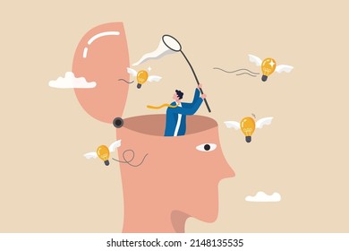 New creative idea thinking process, contemplation or ideation for solution or innovation, development or learn skills concept, businessman open his head to using butterfly net to cat light bulb idea.