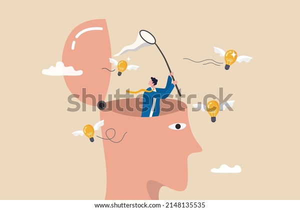 New creative idea thinking process, contemplation\
or ideation for solution or innovation, development or learn skills\
concept, businessman open his head to using butterfly net to cat\
light bulb idea.