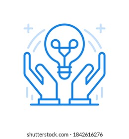 New creative idea vector line icon. Creative constructive thinking and brainstorming progress. Hands holding light bulb. Innovative modern design and inspired innovation scientific solution.