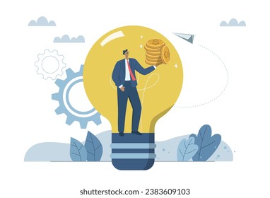 New creative ideas or new business innovations, Creativity ideas for generating income and returns or inspiration achieve to goal, Businessman in a light bulb with huge profits. Vector illustartion.