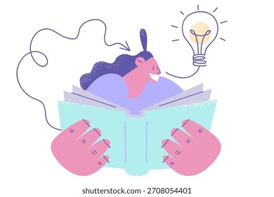 Nuevas ideas creativas y concepto de innovación. Joven mujer sonriente personaje de dibujos animados sentado leyendo gran libro teniendo nueva gran idea en la Ilustración vectorial de la cabeza
