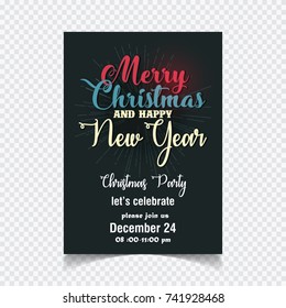 New Creative Merry Christmas and Happy New year typography on blue background. Happy New Year and Merry Christmas. Christmas Party Invitation Card