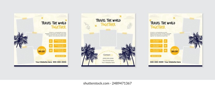 Neue kreative Reise Social Media Post Paket Set mit editierbarer Vektorillustration von Strandbäumen, Tour Tourismus Urlaubspakete Anzeigen Werbeaktion Square Web Banner Business Agency Marketing Vorlage