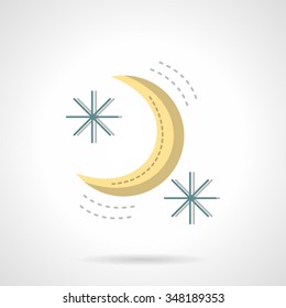 New crescent and two abstract stars. Astronomy and astrology symbols. Night time. Flat color style vector icon. Single web design element for mobile app or website.