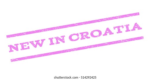 New In Croatia watermark stamp. Text tag between parallel lines with grunge design style. Rubber seal stamp with dust texture. Vector violet color ink imprint on a white background.