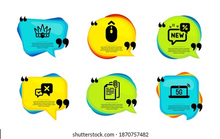 Einfache Einstellung der Symbole für die Anbringung neuer Zeichen in Krone und Dokument. Sprechen Sie mit Zitaten. Wischen Sie die Schilder für Notebooks ab, werfen Sie sie ab und 5 g. Rabatt, Monarchie König, Papierclip. Vektorgrafik