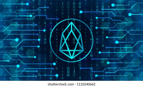 a new crypto currency, to replace bitcoin. Icon of the sign of EOS on the background of crypto-currency mining. vector illustration concept of blocking and earnings on the Internet online