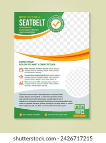 new custom seatbelt flyer design. industry product poster flyer leaflet template. combination green and orange colors with space for photo collage.