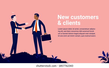 New customers and clients - Two businessmen shaking hands outdoors with copy space for text and clean background. Vector illustration.