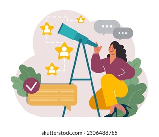 New customers search. Character looking through spyglass. Business development in a new targeted group of clients. Promotion campaign. Flat style vector