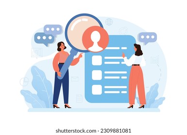 New customers search. Character looking through magnifyer. Business development in a new targeted group of clients. Promotion campaign. Flat style vector