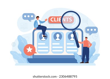 New customers search. Character web searching with a magnifyer. Business development in a new targeted group of clients. Promotion campaign. Flat style vector