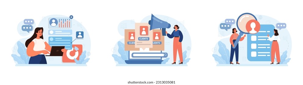 New customers search set. Character looking through binoculars, spyglass or web search. Business development in a new targeted group of clients. Promotion campaign. Flat style vector