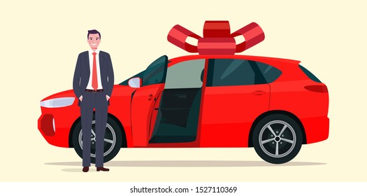 New CUV car as a gift and a man.Vector flat style illustration.