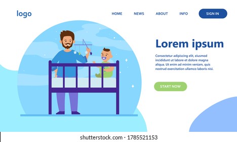 New dad playing with baby in crib. Rattle toy, soothing child for sleeping flat vector illustration. Childhood, childcare, parenthood concept for banner, website design or landing web page