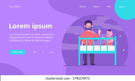 New dad playing with baby in crib. Rattle toy, soothing child for sleeping flat vector illustration. Childhood, childcare, parenthood concept for banner, website design or landing web page