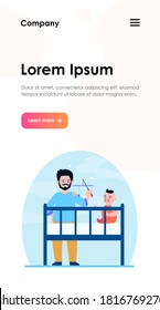 New dad playing with baby in crib. Rattle toy, soothing child for sleeping flat vector illustration. Childhood, childcare, parenthood concept for banner, website design or landing web page